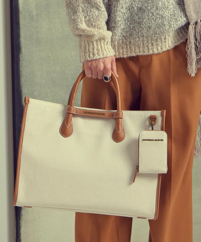 Saturday Eleven Two-Tone Canvas Leather Bridge Tote Bag _ Brown Ivory