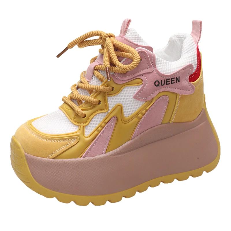 Fashion 10CM Women Casual Leather Sneaker Autumn Lace Up High Platform Shoes Thick Sole Sport Dad Shoes Woman Sneakers Chaussure Femme