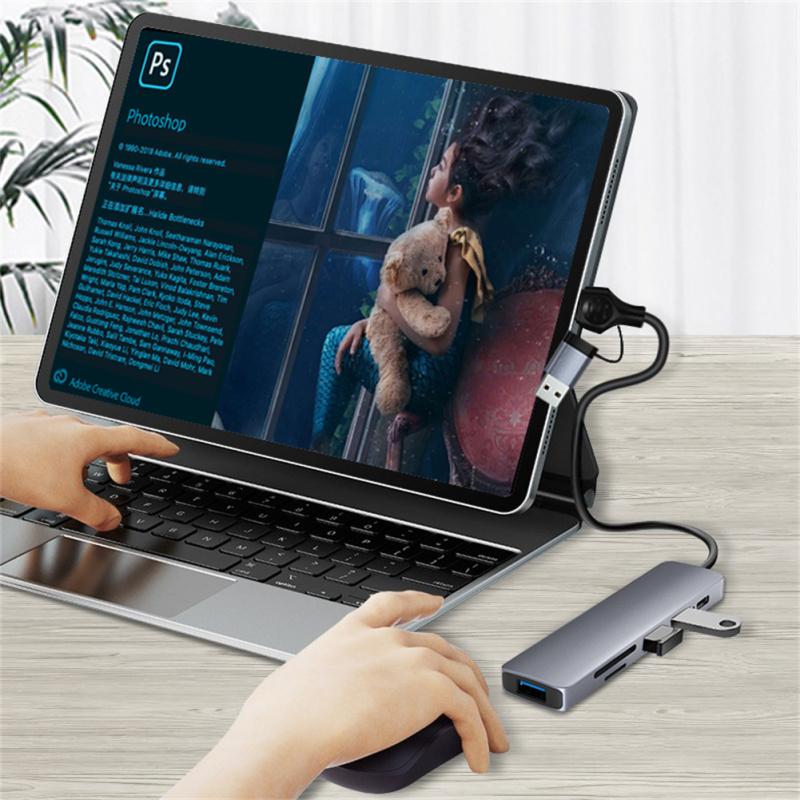 Usb C Hub 6-in-1 Dual-head Type C/usb Docking Station Pd Fast Charging Adapter Supports Sd/tf