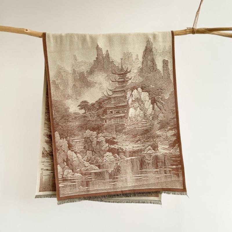 Vintage Chinese Style Thickened Imitation Cashmere Tassel Scarf For Women Winter Warm Outdoor