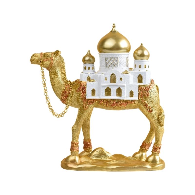 Camels Figurine with Mosque Tower Resin Camels Statue Ornament for Ramadans Eid Mubarak Home Decors Collectibles Gift