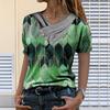 Women Tie-dye Printed Embroidery Collar Splicing Sleeve Pullover Blouse Tops