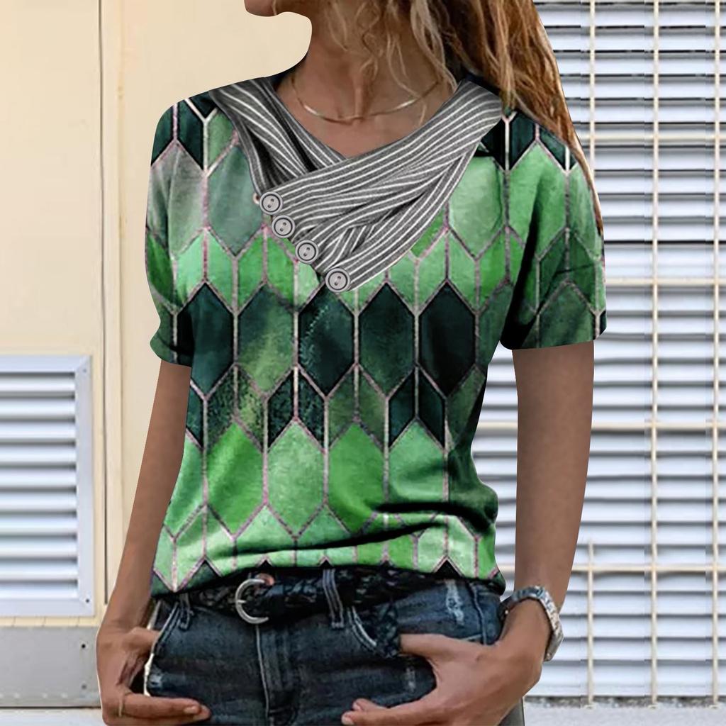 Women Tie-dye Printed Embroidery Collar Splicing Sleeve Pullover Blouse Tops