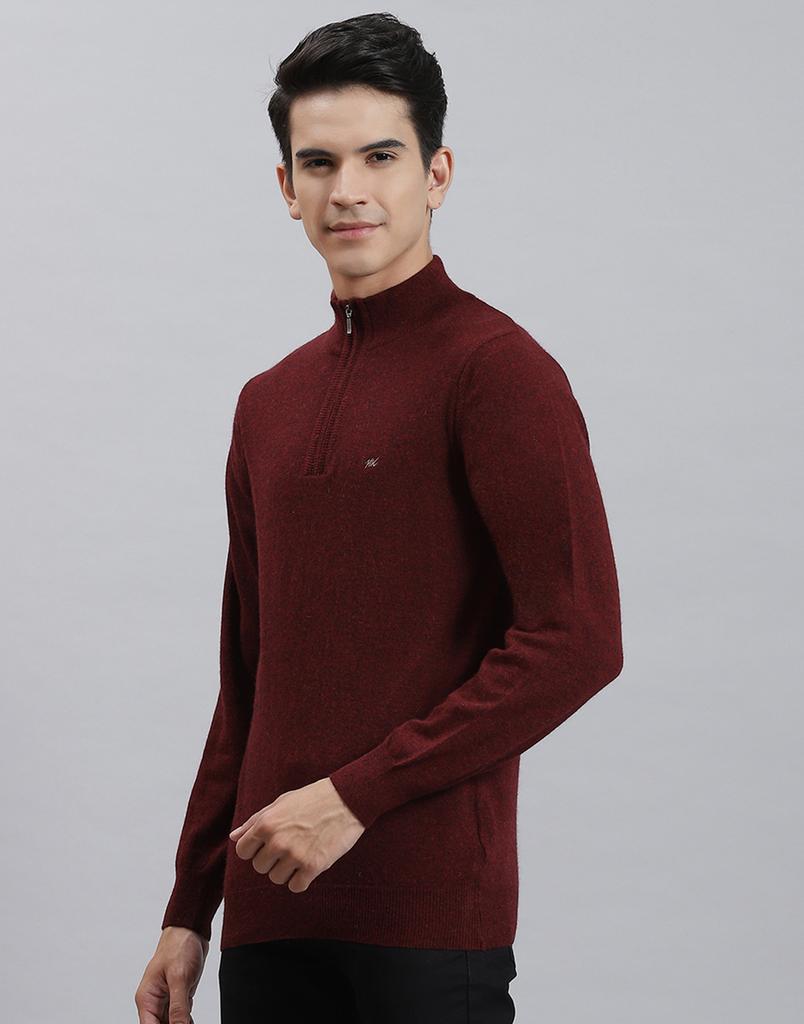 MONTE CARLO Mens Maroon Solid Stand Collar Sweater