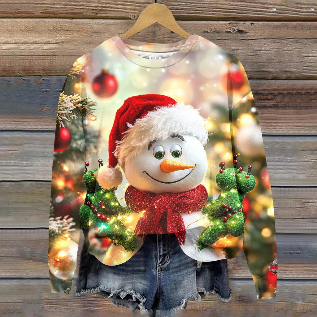 Ladies' Christmas Printed Casual Long Sleeved Round Neck Sports Hoodie Top