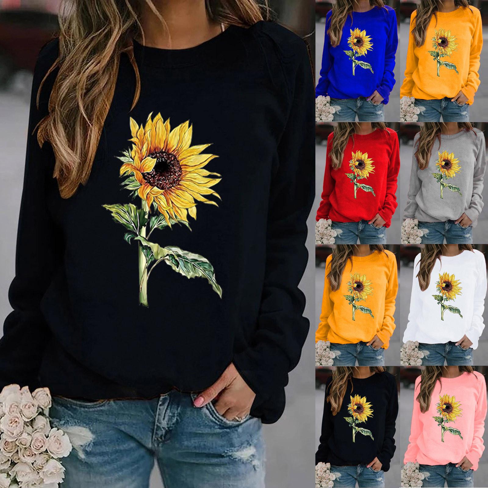 

Зимние женщины Случайные Топы Дамы Подсолнечник Печата Sweatshirt Блуза Ти свитер