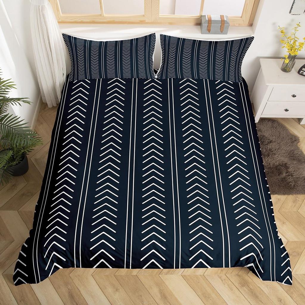 Geometric Modern Duvet Cover King Queen Black Gray Blue Comforter Cover with 2 Pillowcases Retro Stripes Geometry Bedding Set