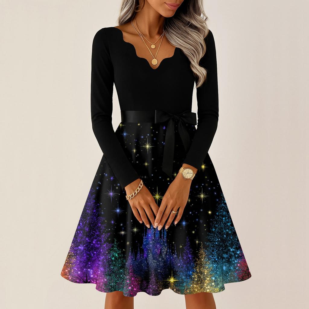 Women's Casual Fashion V-neck Long Sleeved Retro Christmas Print Retro Dress