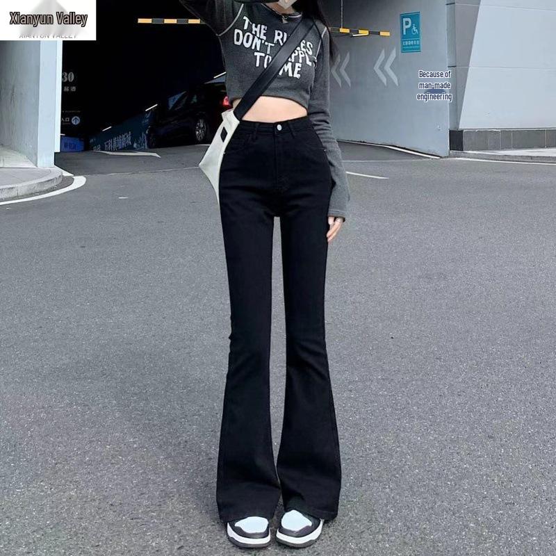 

Женские черные микро-клеш джинсы с высокой посадкой - Облегающие, Стрейч, Корейский стиль, Длина в пол, Универсальные. S чёрный