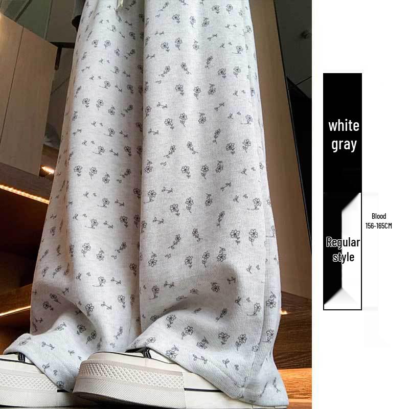 Petite White Floral Women's Summer Sweatpants, Thin Wide-Leg Loose Fit Joggers, XS