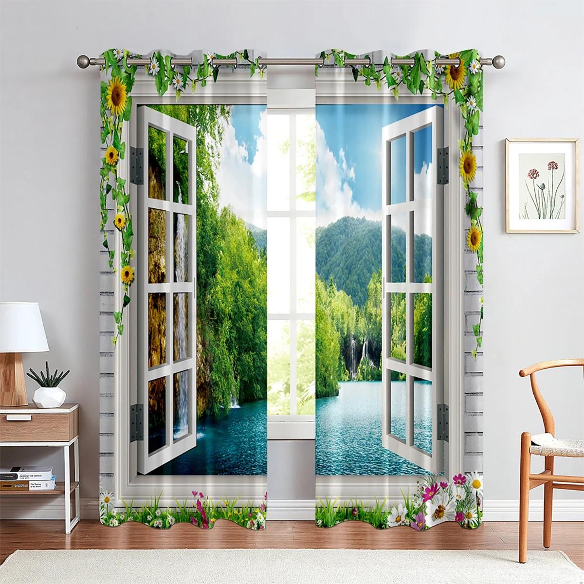 

3D-печать Реалистичный эффект Лес Морской Пейзаж Оконные Шторы Спальня Гостиная Кухня Декор Шторы 2 шт Пользовательские Шторы (W50H130cm)-2pcs&Grommet Top