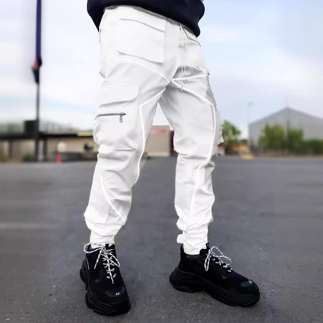 

Спортивные брюки-карго со светоотражающими полосками, модные уличные спортивные штаны в стиле хип-хоп, черные, белые, в стиле пэчворк, хипстерские мужские брюки M белый