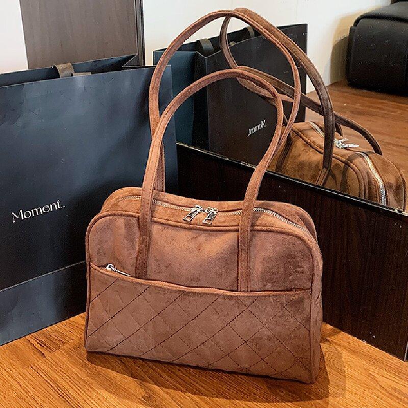 

Сумка через плечо Женская сумка Премиальная замша ромбовидная вышивка нитью Сумка через плечо Модный универсальный портфель для поездок на работу коричневый