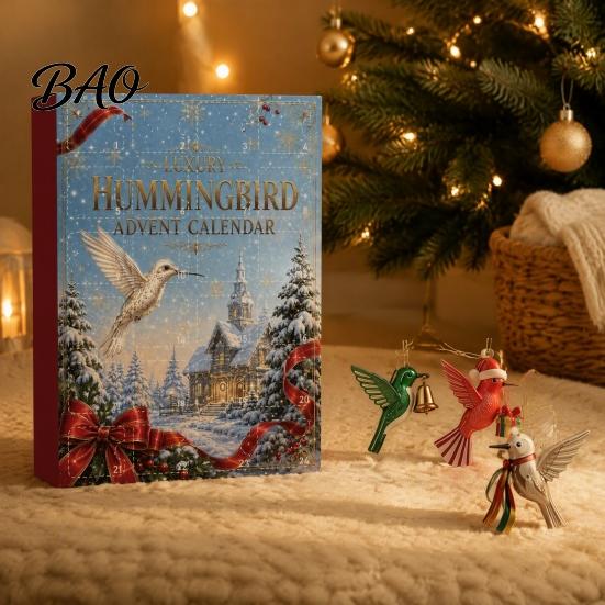 Vánoční dekorace Kolibříci Adventní kalendář 2026, 24 dní Vánoční odpočet se sezónními dárkovými sadami Ks 2D akrylové ozdoby kolibříků pro