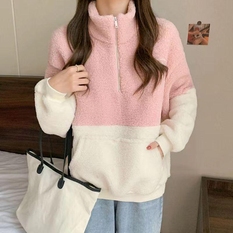 

Женский пуловер из тяжелой 300-граммовой ягнячьей шерсти в стиле колор-блок: Теплая толстовка с полувысоким воротником и длинным рукавом для осени/зимы. Large розовый