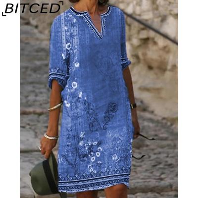 Women's Fashion Summer Spring Floral Print 2/1 Sleeve V-Neck Casual Dresses