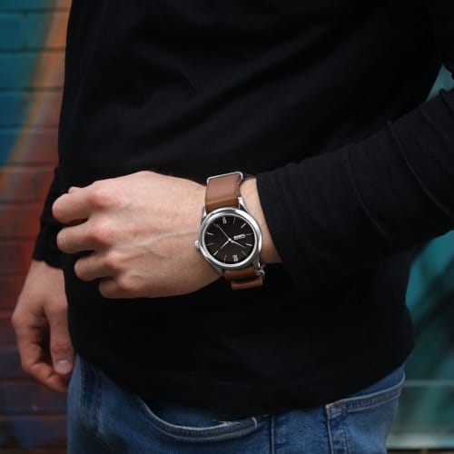 ANNEFIT 20mm Genuine Leather Watch Band, Single Strap, Military Style Replacement Band, Light Brown with Silver Buckle