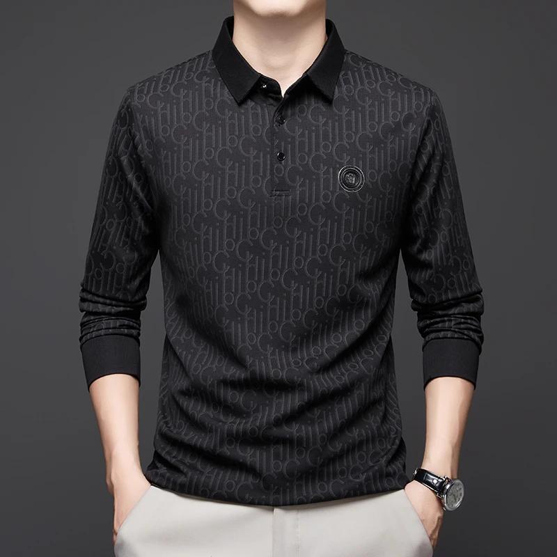 New Men'S Business Casual Long Sleeved Shirt With Badge Solid Color Polo Shirt Fashionable Breathable Comfortable Versatile Top