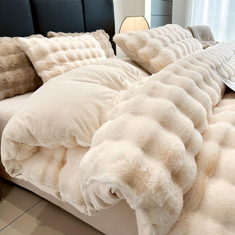 2025 Winter Coral Velvet Bedding Set: Plush Imitation Rabbit Fur Duvet, Fitted Sheet, Bed Sheet, Thickened for Warmth