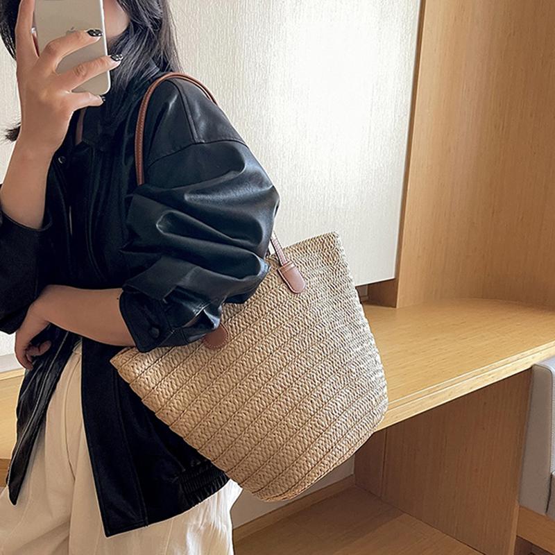 Bolsa de ombro feminina de grande capacidade, bolsa de palha trançada de verão, bolsa de mão fashion feminina de luxo, bolsa de praia, bolsa de compras de Bali