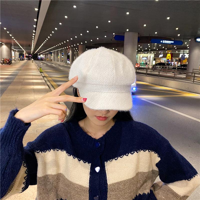 New Chenille Octagonal Cap  Peaked Cap for Women Korean Version Versatile Autumn and Winter Hat Warm Women's Solid Color Pumpkin Beret Trendy
