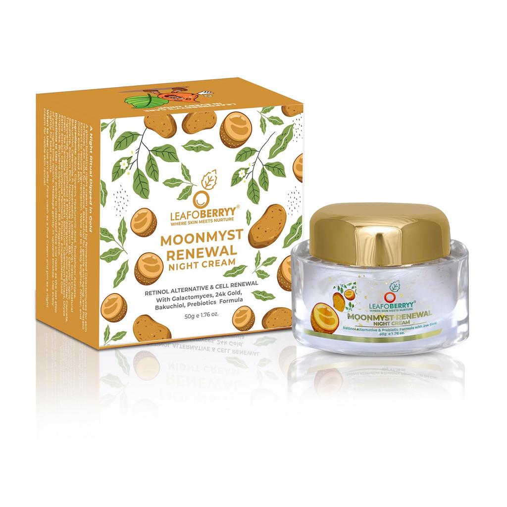 Leafoberryy Moonmyst Renewal Night Cream 50gm | 24K Gold & Galactomyces Infusion | Bakuchiol & Potato Extract | Luxurious Anti-Ageing Night Cream f