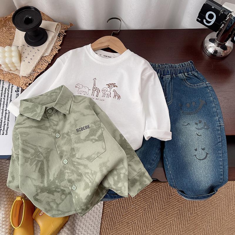 Boys' Suit 0-5 Years old children's Casual Long sleeved shirt Jacket Round neck White cartoon Top Denim pants Three piece set Boys' baby Clothes