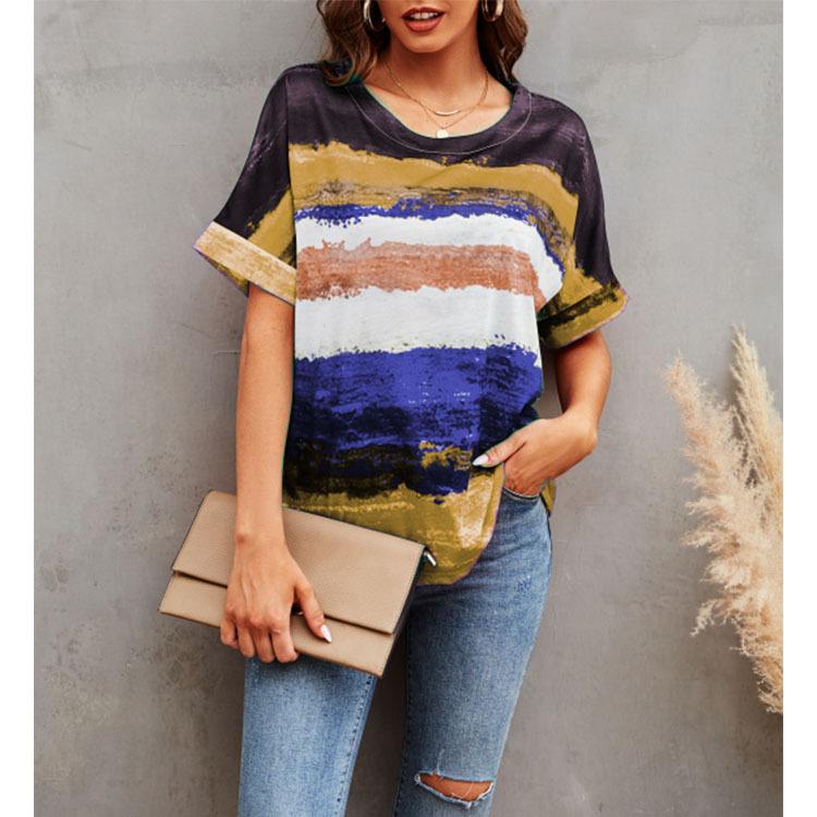Summer Women Fashion Gradient Striped T-shirt Loose Round Neck Casual Top