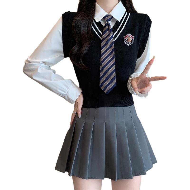 y2k Shirt Women Preppy Style Contrast Color Lapel Collar Long Sleeve Top with Tie 2000s Aesthetic Clothing Streetwear