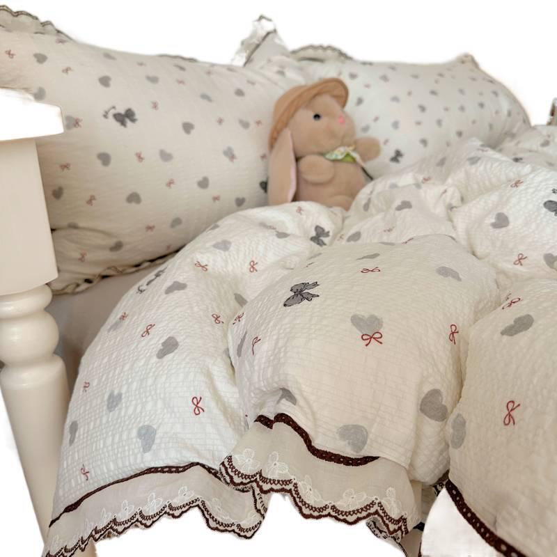 Korean French Style Hollow Lace Puff Cotton Bedding Set, Girly Duvet Cover - Available As 4-Piece or 3-Piece Set