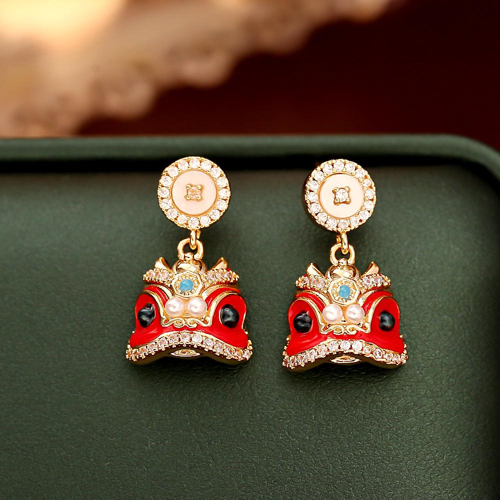 

Chinese Lion Dance Mother of Pearl Stud Earrings - Elegant, Festive, High-End Fashion Jewelry