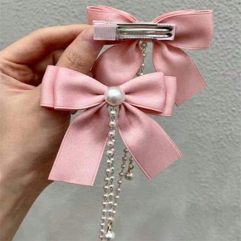 Children Sweet Princess Style Pink Pearls Chain Bow Hair Clip Women Children's Cute Back Head Hairpins Hair Clips Girls Hair Accessories