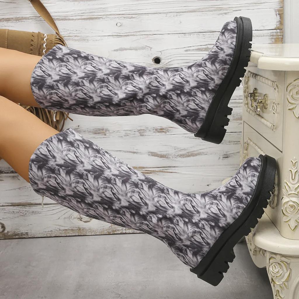 Vintage Floral Pattern Platform Long Boots  Women Fashion Show Style Slip-on Female Mid-Calf Boots Casual Large Size 43 Booties