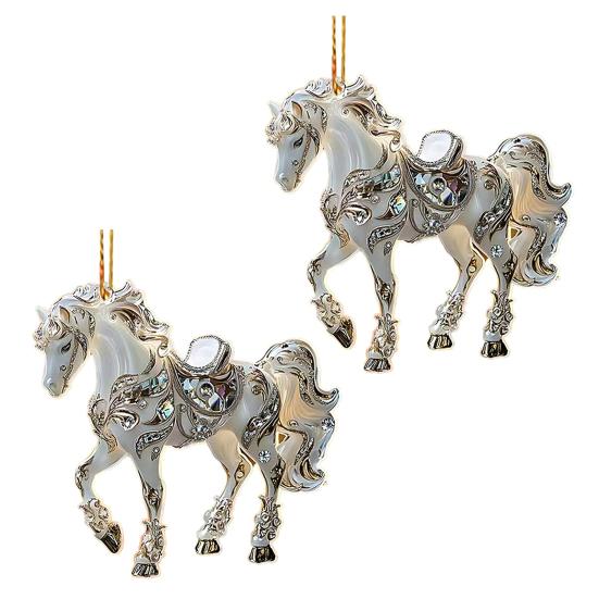 2 Pcs Horse Christmas Ornament Acrylic Sparkly Rhinestones Horse Hanging Decoration 2D Flat Christmas Tree Ornament for Horse Lovers