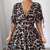 Elegant Leopard Print Deep V-neck Maxi Long Dress Summer Short Sleeve Party Dress A-line Casual Slim Loose Simple Drawstring Waist-cinching Clothes