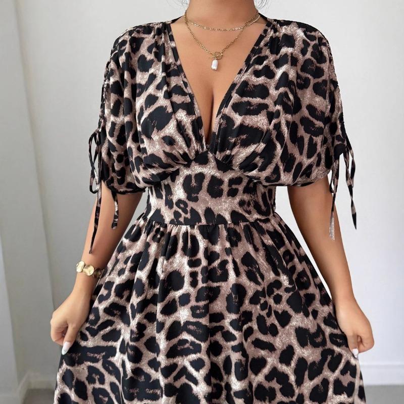 Elegant Leopard Print Deep V-neck Maxi Long Dress Summer Short Sleeve Party Dress A-line Casual Slim Loose Simple Drawstring Waist-cinching Clothes
