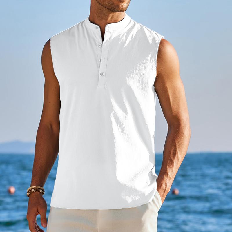 Men s Casual Hippie Style Collarless Henley Neck Tank Tops Streetwear Solid Color Loose Fit Tees Summer Clothing T-shirt XS белый 1640₽