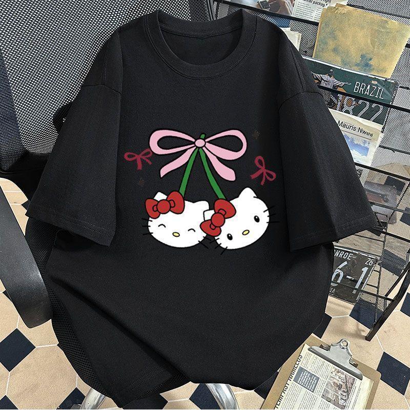 

Sanrio Hello Kitty Модная Милая Футболка с Принтом Вишенки с Коротким Рукавом для Девочки Летняя Хлопковая Свободная и Универсальная Повседневная Футболка S