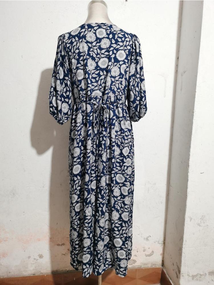 Women Summer Boho Ethnic Print Mid Sleeve Dress Loose High Waist Comfortable Cotton Long Dress Slimming Flattering Fit