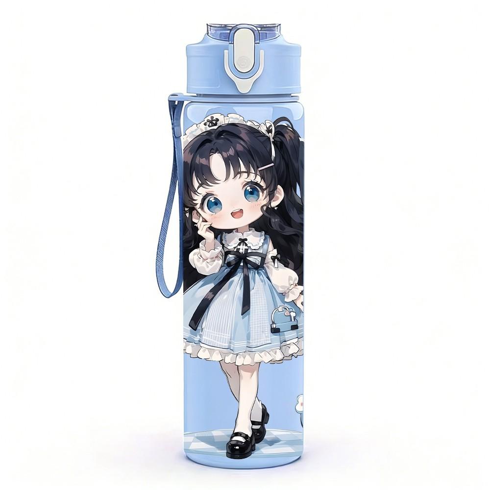 1PC Dark Blue Dress Girl Standing Pattern 750ml Color Plastic Sports Water Bottle Leakproof Flip Straw Lid Suitable for Sports Office Home Use