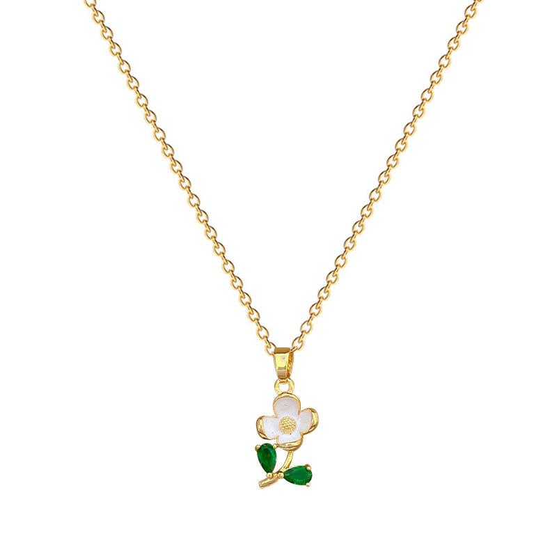 Oil Dripping Green Leaf Flower Full Diamond Light Luxury Temperament Gorgeous Full Diamond Necklace Female Versatile Collarbone Chain Titanium Steel