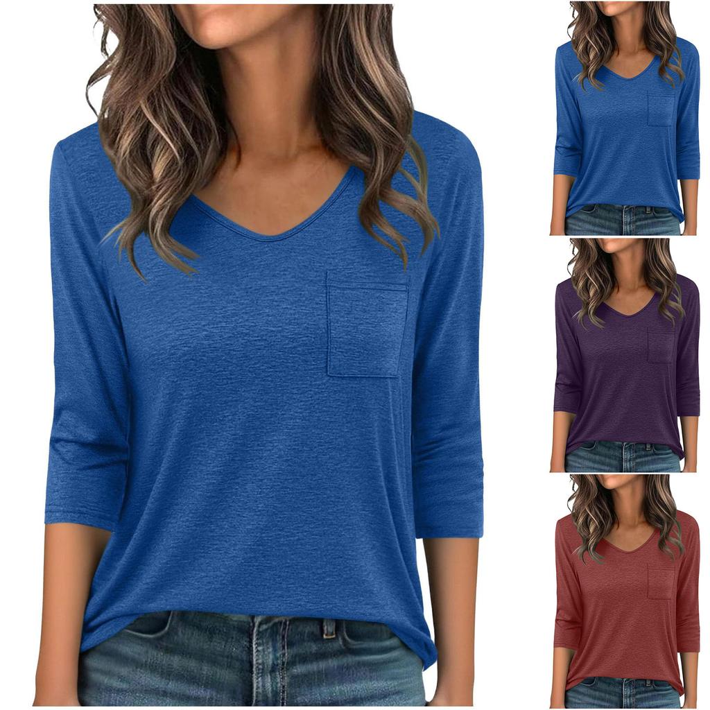 Women's V Neck Casual T Shirt Top with 3/4 Sleeves and Chest Pocket Relaxed Fit Lightweight Soft Fabric Comfortable Everyday Wear