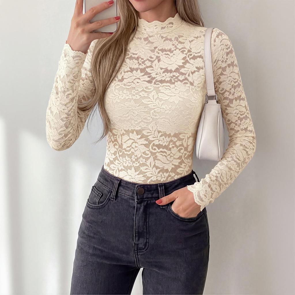 Top da donna a collo alto con maniche lunghe, pizzo colorato traforato, camicetta da stratificare
