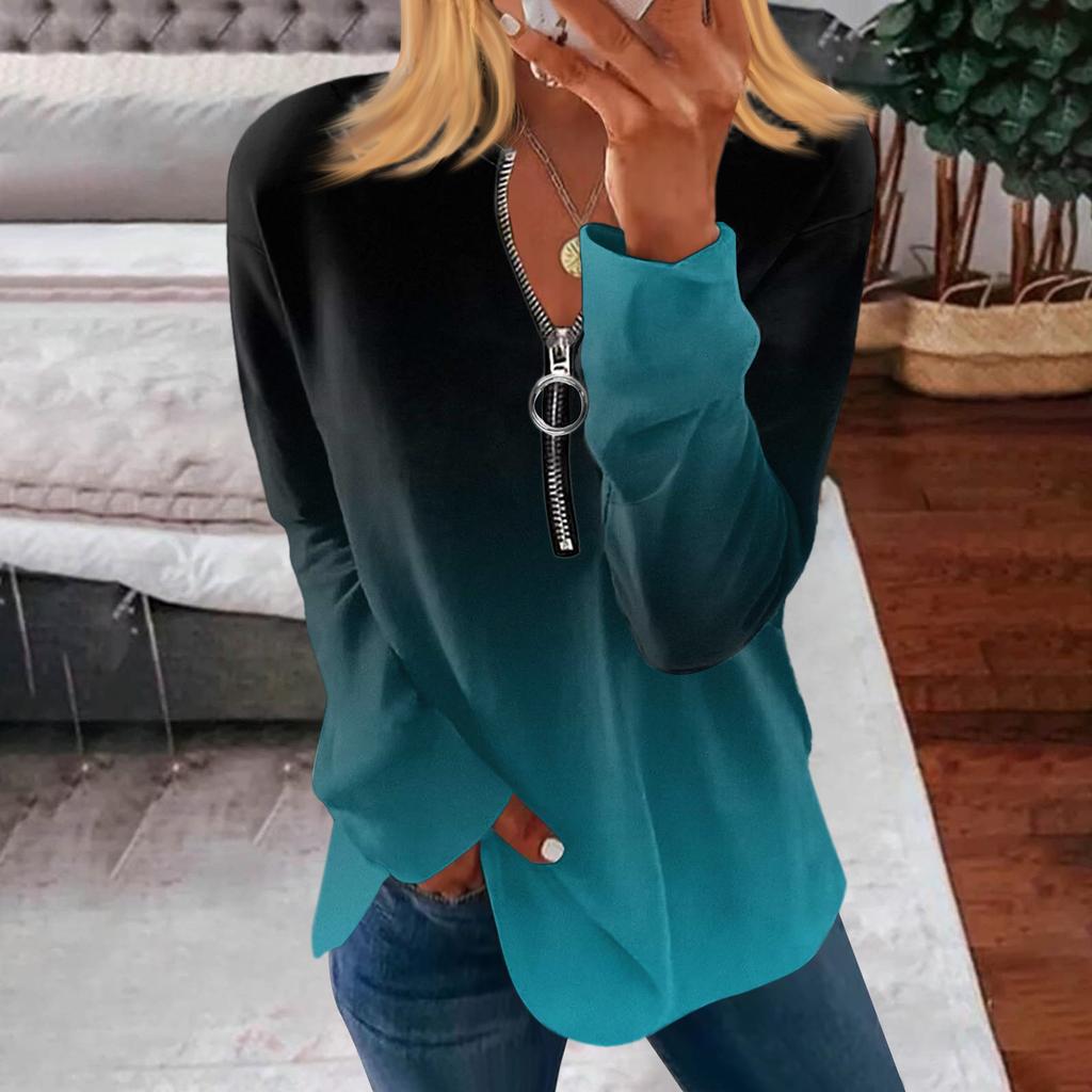 Women's Zipper Round Neck Tops Cotton Blouses Casual Fashion Shirt Tops Women's Casual Long Sleeve Tops