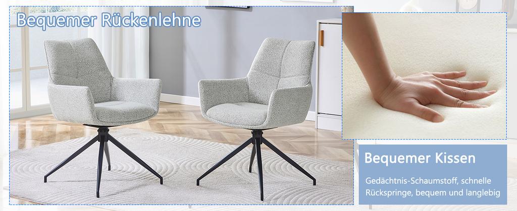 [Set of 2] European 360 degrees Swivel Upholstered Chair: Light Beige-Grey Fabric + Black Lacquered Metal Legs, Breathable and Comfortable