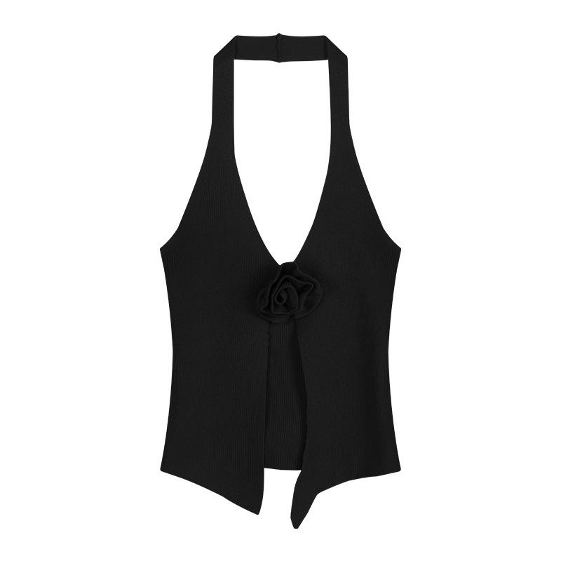 Three-dimensional flower knitted neck sling vest women's summer v-neck sweet hottie sexy red back top