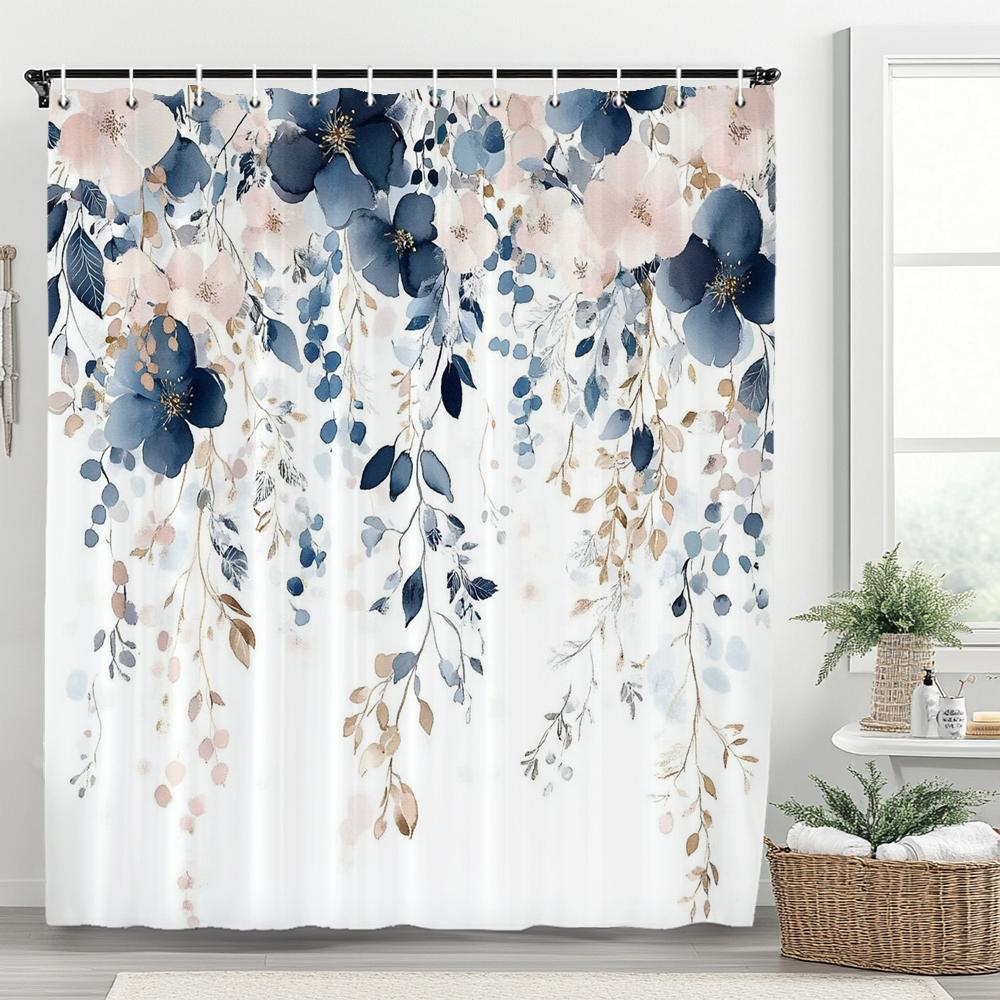 1PC Purple Flowers Shower Curtain,  Watercolor Floral and Plants Bathroom Decorative Curtain,Polyester Home Curtain with Hooks