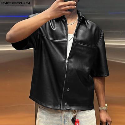 Men Turn-down Collar Short Sleeve Zip-up PU Leather Casual Tops Shirts