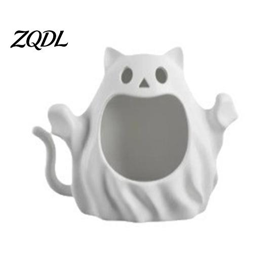 Unique Cat Lover Gifts 3D Printed Halloween Ghost Storage Holder, Decorative Kitten Statue with Matte White Ceramic Ornament Hollow Storage,