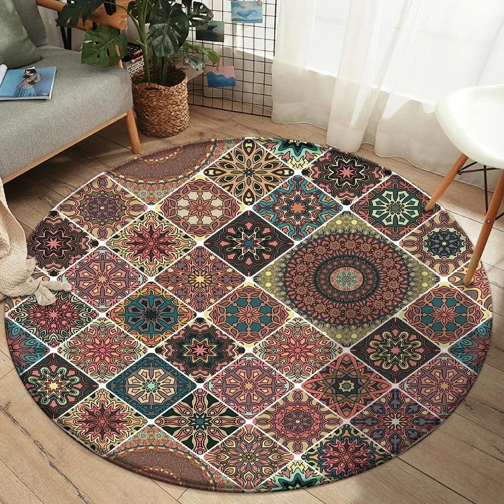 Alfombra Redonda Mandala Boho Alfombra de Área con Estampado Floral Colorido Para Sala de Estar Dormitorio Silla Felpudo Antideslizante para Suelo Hogar Cocina Felpudo de Puerta